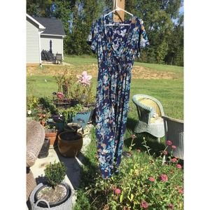 Angie womens pant suit size medium m blue floral boho v-neck short sleeve beachy